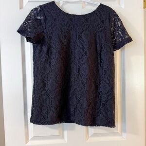 Anthropologie Black Lace Short Sleeve Top Crewneck Lined S